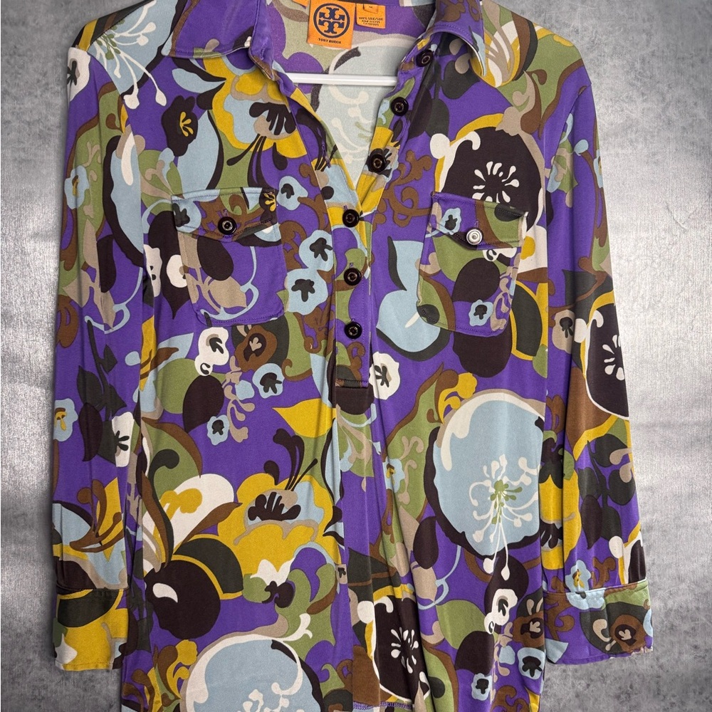 Tory Burch women’s vibrant 3/4 button down dress Floral Shirt blouse Medium EUC!